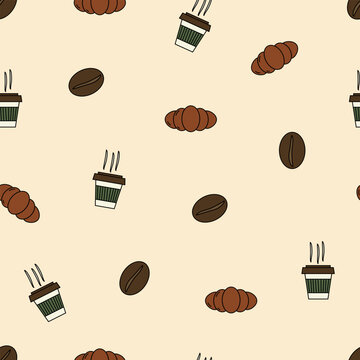 Seamless pattern bread and coffee drink cup. Dring and beverage. Sweet dessert or bakery for wrapping, textile, card, stationery, and phone cases.