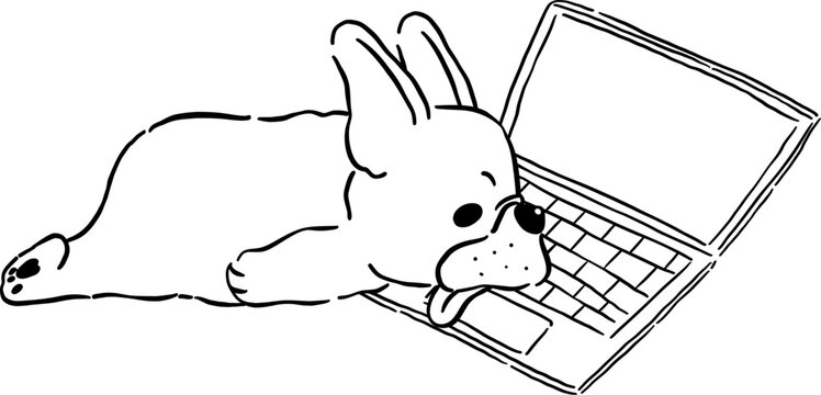 Burnt out french bulldog WFH Outline on laptop hand drawn frenchie derp dog 