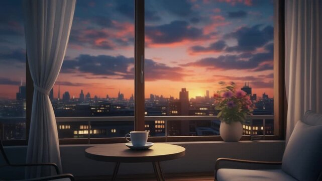 Balcony lifestyle scene with city view at sunset, curtain gently moving, coffee cup on table, peaceful urban living concept, no humans present, realistic sky colors, cinematic lighting, 4K, static wid