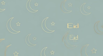 Eid greeting card with crescent moon and stars on blue background.