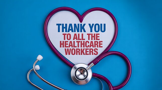 Thank you message for healthcare workers with stethoscope and heart shape background
