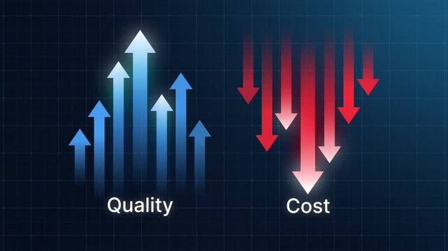 Quality improvement and cost reduction, product efficiency, productivity improvement. Up down arrow represent quality, cost, and performance optimization. 4K animation