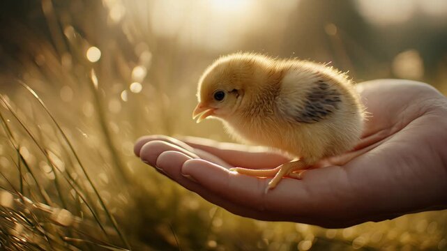Adorable fluffy chick held gently in a human hand, golden hour light, nature background