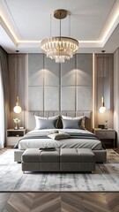 Luxurious bedroom with chandelier, panelled headboard, and wood floor