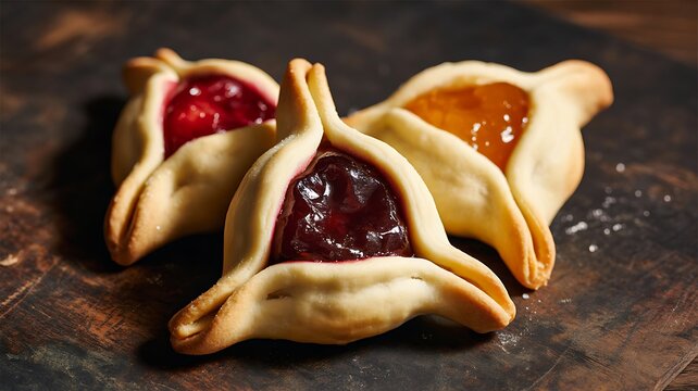 Traditional hamantaschen cookies with fruit jam filling on rustic wooden table
