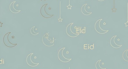 Light blue background with a pattern of golden crescent moons, stars, and the word 'Eid' for Islamic celebration.