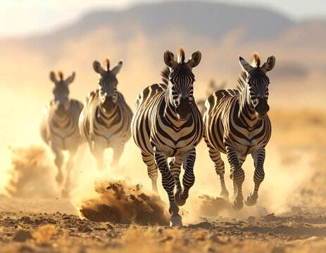 Majestic Herd of Zebras Running in the Savannah