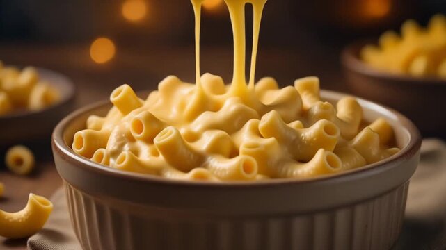 Creamy American mac and cheese in ceramic bowl, cheese pull effect, warm cozy lighting, realistic pasta texture, no people, no branding, cinematic food footage, 4K, slow spoon movement without hand, 6