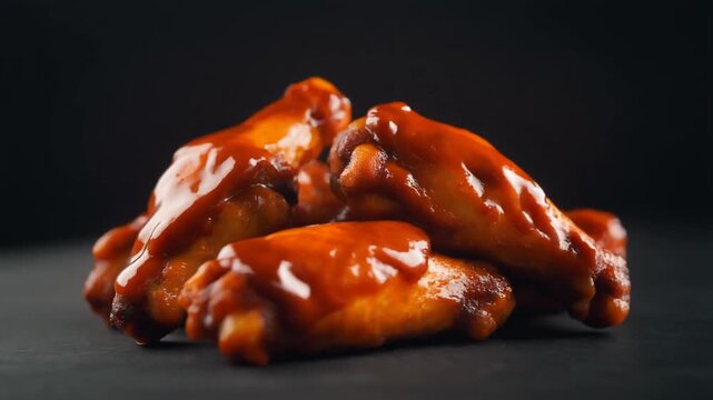 Spicy American buffalo wings with sauce glaze, glossy texture, dark background, dramatic lighting, no people, no hands, cinematic food stock, 4K resolution, slow rotation shot, 8&ndash;12 seconds