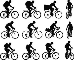 Fototapeta premium Black silhouettes of cyclists riding bicycles with bags from different angles on a white background vector