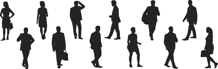 Black silhouettes of business people walking and standing with bags on a white background vector illustration