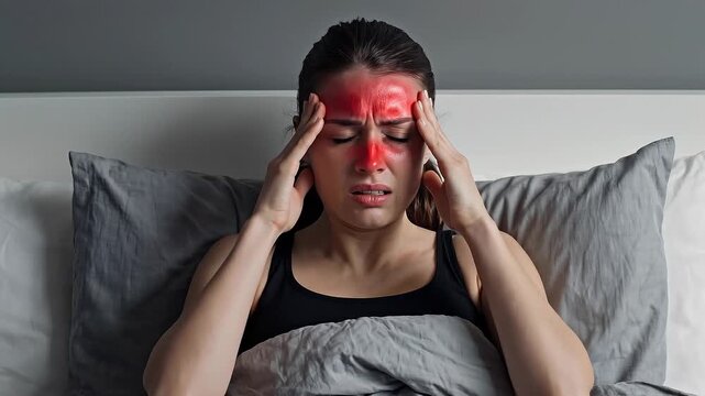 Woman suffering from headache in bed with hands on head and red pain indicator
