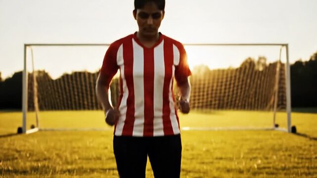 Person standing with soccer ball on field at sunset