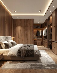 Luxurious bedroom with walk-in closet, wood paneling, and warm lighting