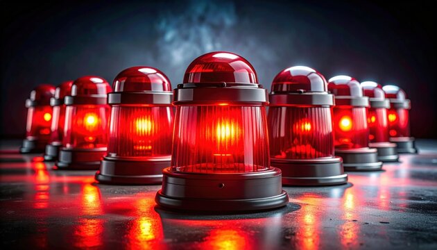 FlyPro Firefly Emergency signal flares arranged in a neat row, their bright red casings prominent, captured in a detailed dramatic photograph.