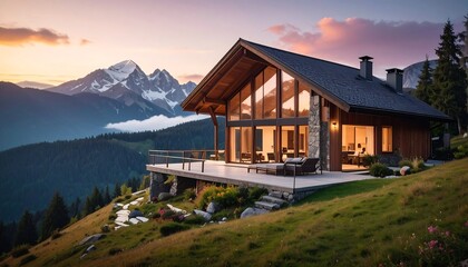 Luxurious cabin nestled high in mountains during sunset, overlooking vast landscape