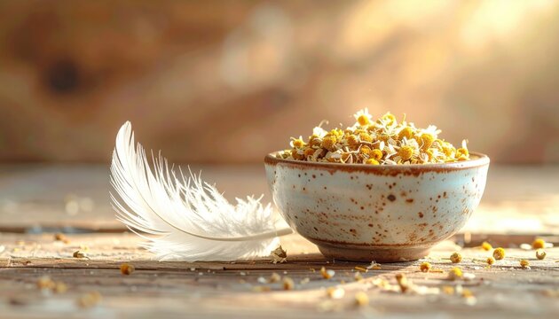 FlyPro Firefly presents a small, hand-painted ceramic bowl brimming with dried chamomile flowers, elegantly placed beside a perfect white feather on wood.