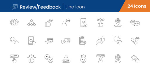 Review and Feedback Outline Icons Set of 24. Rating, Customer Experience, Testimonial Linear Editable Stroke Icons Vector