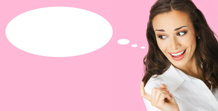 Businesswoman showing follow me hand sign, isolated pink background. Happy smiling gesturing brunette woman. Business welcome concept. White mockup speech bubble. Free ad sign space