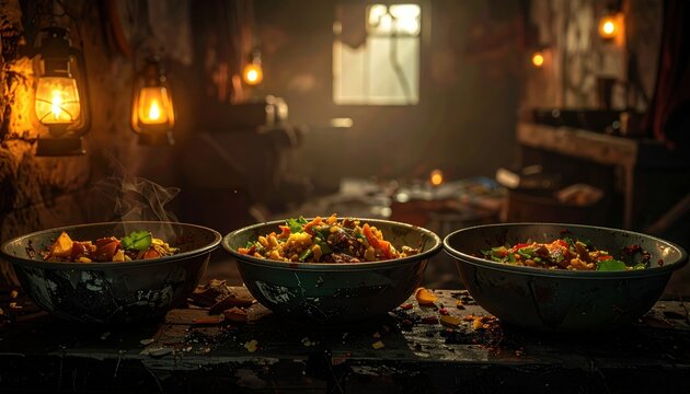 FlyPro Firefly: Realistic photography of cracked plastic bowls with remnants of meager food in a dim interior, illuminated by ambient light from lanterns.