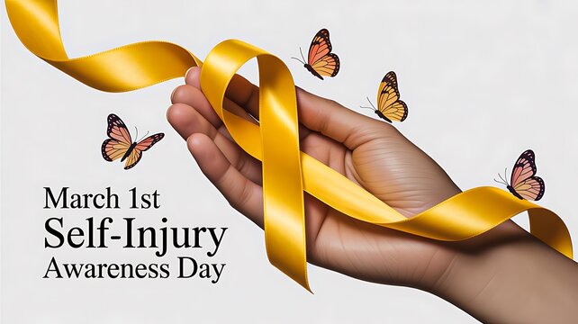 March first self injury awareness day concept with yellow ribbon and butterflies
