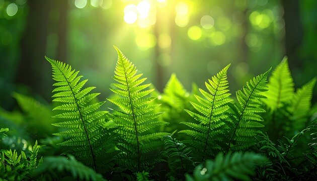 FlyPro_Firefly showcases lush, emerald green ferns unfurling gracefully, their fronds catching soft, diffused light in a photorealistic DSLR style.