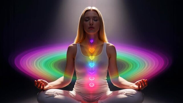 A meditating woman surrounded by expanding aura waves radiating from seven aligned chakras