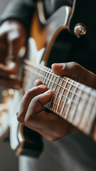 Fototapeta premium A guitarist's slender hands press strings, crafting captivating melodies in a serene space Generative AI