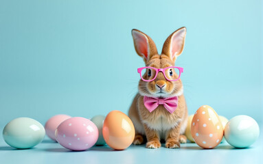 Fototapeta premium Ginger rabbit wearing pink glasses and a pink bow on a blue background among colorful Easter eggs.