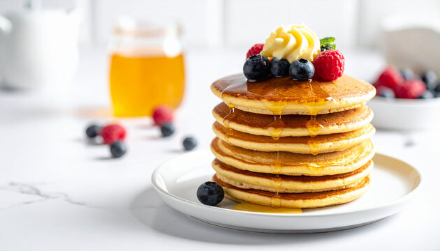 Delicious stack of pancakes with fresh berries and syrup