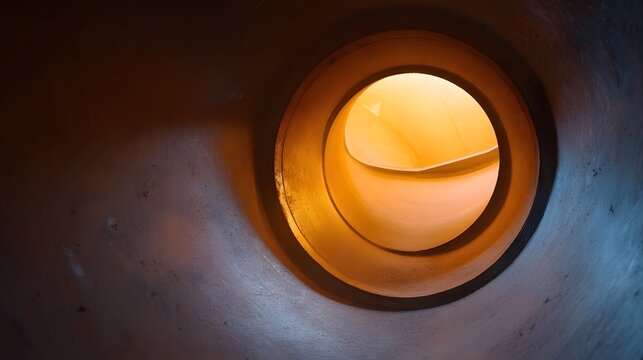 View into a brightly lit circular industrial drum with a warm glow and textured interior
