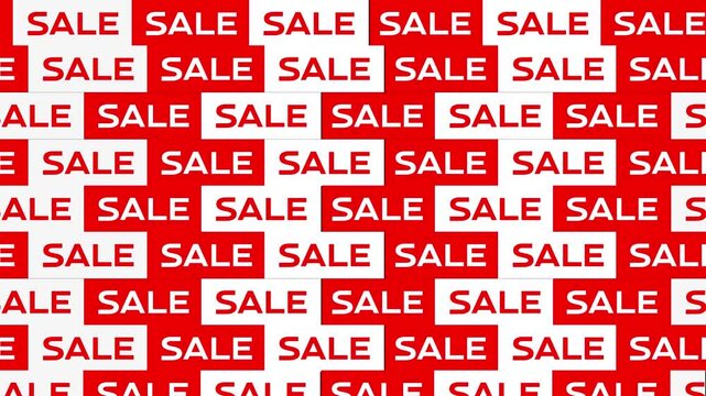 Seamless repeating background featuring bold red and white 'SALE' typography. Sale text on a white and red background animation seamless loop. 4k video.
