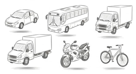 Collection of hand drawn vehicle illustrations in sketch style. © Jaganchan