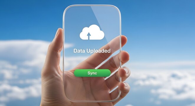 Hand holding smartphone displaying cloud backup interface with green sync button.