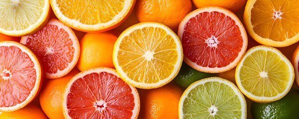 Obraz premium Assorted citrus fruits sliced and whole arranged vibrantly