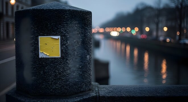 Urban Street Marketing: Small yellow sticker on granite bridge pillar at night, outdoor guerilla advertising, city canal reflection and public communication concept