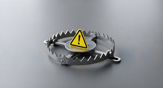 Business Risk: Warning sign placed on metal trap, financial danger alert, investment pitfall, security threat, professional risk management and trap avoidance concept