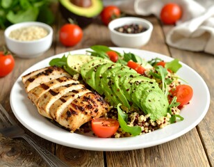 Grilled chicken salad with avocado, tomatoes, quinoa, and greens