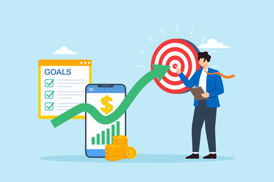 Flat illustration of businessman setting measurable goals and focusing on success target for fintech business revenue objective planning and digital growth strategy implementation
