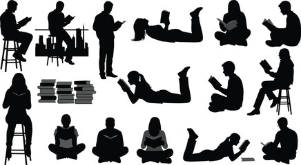 People reading books silhouette set of men and women studying learning and relaxing in various poses for education literacy knowledge and library vector illustration