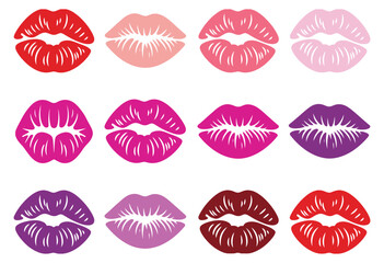 Colorful Lip Prints, vibrant lipstick mark illustrations isolated on white background