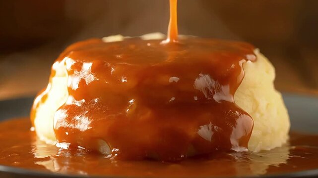 Smooth creamy mashed potatoes with rich brown gravy pouring over top