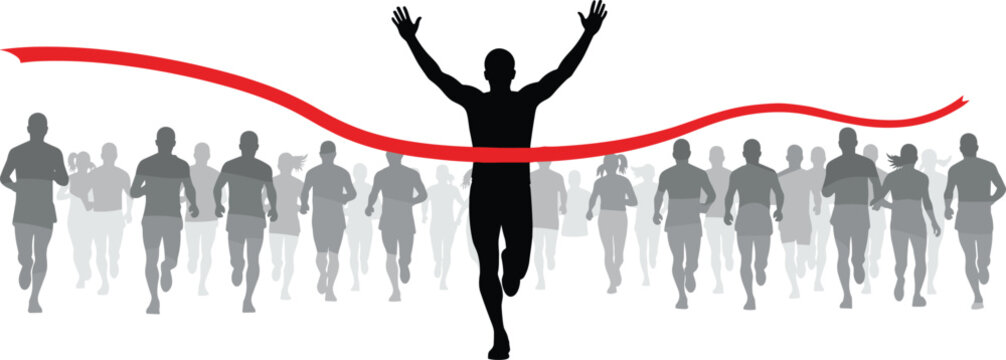 Male runner silhouette crossing red finish line ribbon ahead of marathon crowd for concept of victory success achievement leadership competition and athletic excellence vector illustration