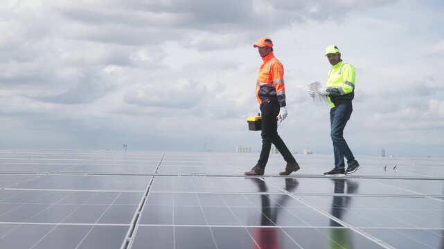 Two technicians in high-visibility uniforms examine and align solar panels on a rooftop, using blueprints and tools for proper setup.