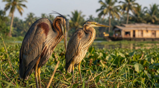 Two Purple Herons standing in green water hyacinth in Kerala backwaters with a traditional houseboat in the background, Alappuzha tourism, wildlife photography, Kerala village morning landscape.