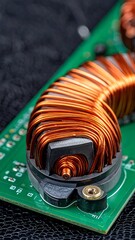 Macro shot of a coil of copper wire on a green circuit board
