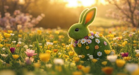 Fototapeta premium A vibrant green bunny, adorned with flowers, sits amidst a sunlit field of blooms