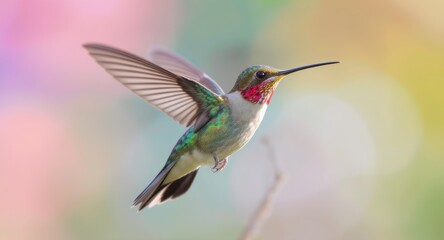 Naklejka premium A vibrant hummingbird, wings outstretched, hovers in mid-air against a soft, colorful backdrop
