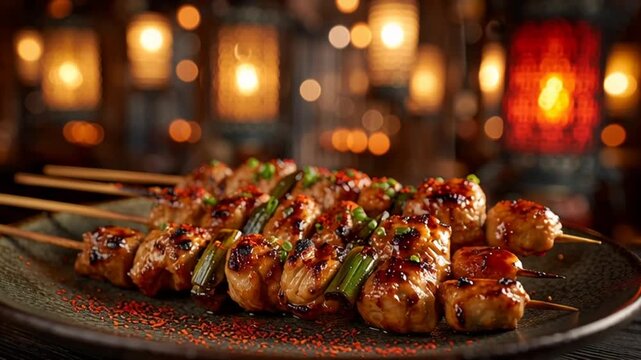 Grilled chicken skewers with spices and herbs on a dark plate.