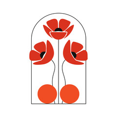 Minimalist red poppy flowers in elegant arch frame illustration